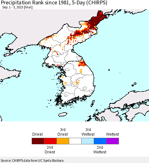Korea Precipitation Rank since 1981, 5-Day (CHIRPS) Thematic Map For 9/1/2023 - 9/5/2023