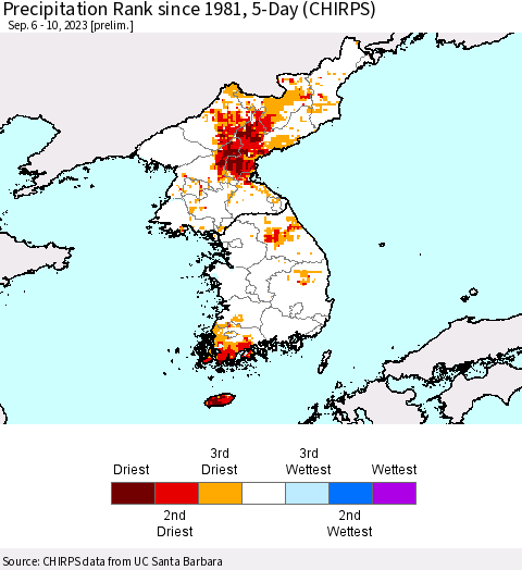 Korea Precipitation Rank since 1981, 5-Day (CHIRPS) Thematic Map For 9/6/2023 - 9/10/2023