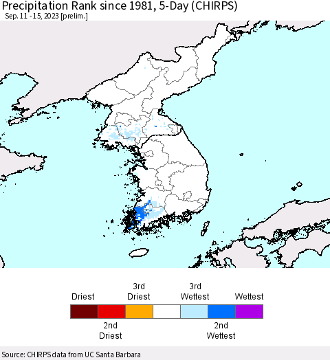 Korea Precipitation Rank since 1981, 5-Day (CHIRPS) Thematic Map For 9/11/2023 - 9/15/2023