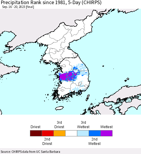 Korea Precipitation Rank since 1981, 5-Day (CHIRPS) Thematic Map For 9/16/2023 - 9/20/2023