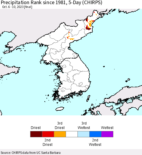 Korea Precipitation Rank since 1981, 5-Day (CHIRPS) Thematic Map For 10/6/2023 - 10/10/2023