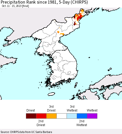 Korea Precipitation Rank since 1981, 5-Day (CHIRPS) Thematic Map For 10/11/2023 - 10/15/2023