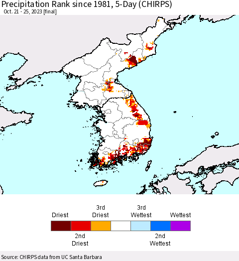 Korea Precipitation Rank since 1981, 5-Day (CHIRPS) Thematic Map For 10/21/2023 - 10/25/2023