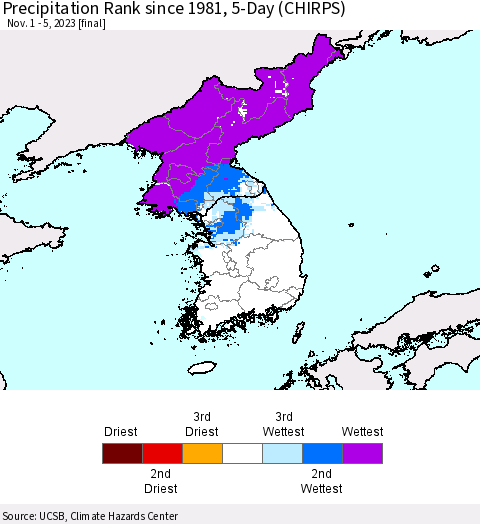 Korea Precipitation Rank since 1981, 5-Day (CHIRPS) Thematic Map For 11/1/2023 - 11/5/2023