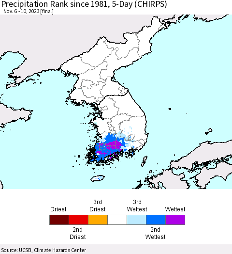 Korea Precipitation Rank since 1981, 5-Day (CHIRPS) Thematic Map For 11/6/2023 - 11/10/2023
