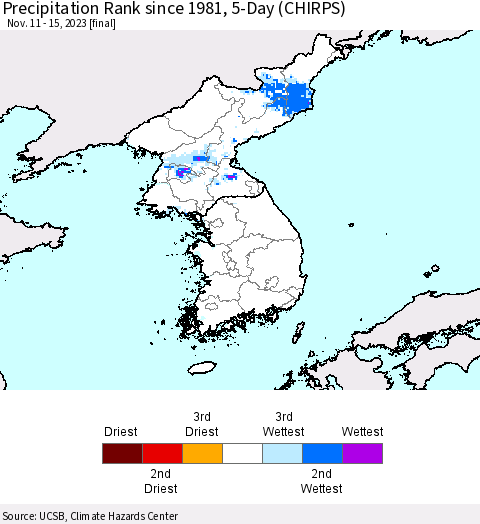 Korea Precipitation Rank since 1981, 5-Day (CHIRPS) Thematic Map For 11/11/2023 - 11/15/2023