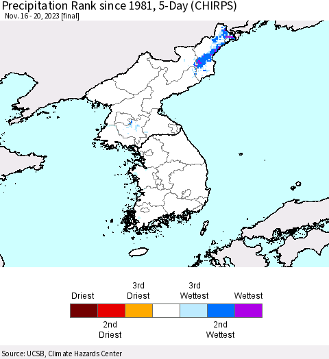 Korea Precipitation Rank since 1981, 5-Day (CHIRPS) Thematic Map For 11/16/2023 - 11/20/2023
