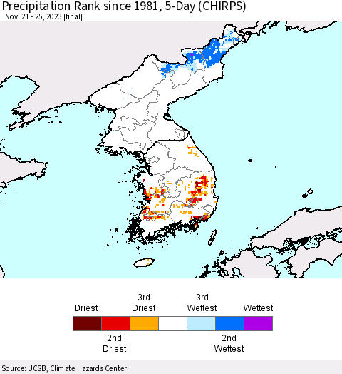 Korea Precipitation Rank since 1981, 5-Day (CHIRPS) Thematic Map For 11/21/2023 - 11/25/2023