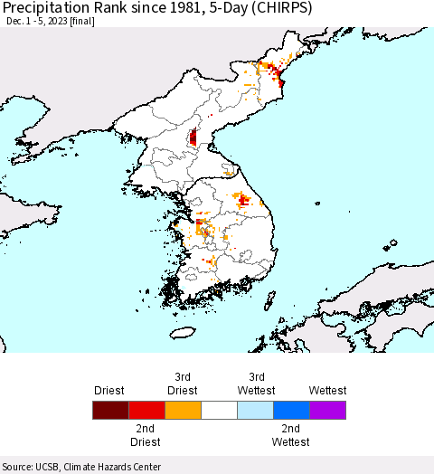 Korea Precipitation Rank since 1981, 5-Day (CHIRPS) Thematic Map For 12/1/2023 - 12/5/2023