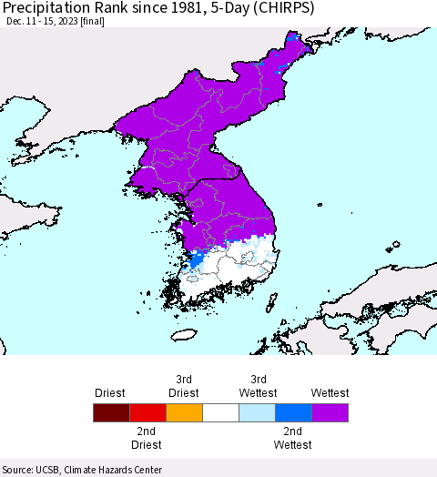 Korea Precipitation Rank since 1981, 5-Day (CHIRPS) Thematic Map For 12/11/2023 - 12/15/2023