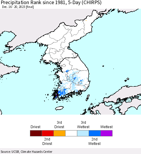 Korea Precipitation Rank since 1981, 5-Day (CHIRPS) Thematic Map For 12/16/2023 - 12/20/2023