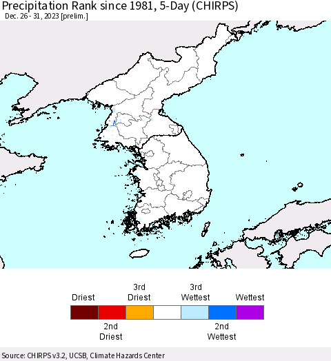 Korea Precipitation Rank since 1981, 5-Day (CHIRPS) Thematic Map For 12/26/2023 - 12/31/2023