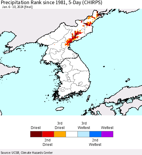 Korea Precipitation Rank since 1981, 5-Day (CHIRPS) Thematic Map For 1/6/2024 - 1/10/2024