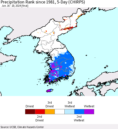 Korea Precipitation Rank since 1981, 5-Day (CHIRPS) Thematic Map For 1/16/2024 - 1/20/2024