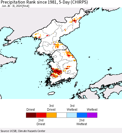 Korea Precipitation Rank since 1981, 5-Day (CHIRPS) Thematic Map For 1/26/2024 - 1/31/2024