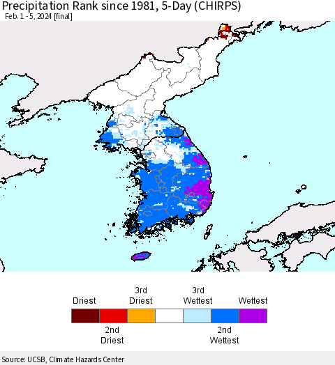 Korea Precipitation Rank since 1981, 5-Day (CHIRPS) Thematic Map For 2/1/2024 - 2/5/2024