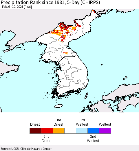Korea Precipitation Rank since 1981, 5-Day (CHIRPS) Thematic Map For 2/6/2024 - 2/10/2024