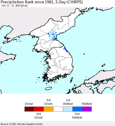 Korea Precipitation Rank since 1981, 5-Day (CHIRPS) Thematic Map For 2/11/2024 - 2/15/2024