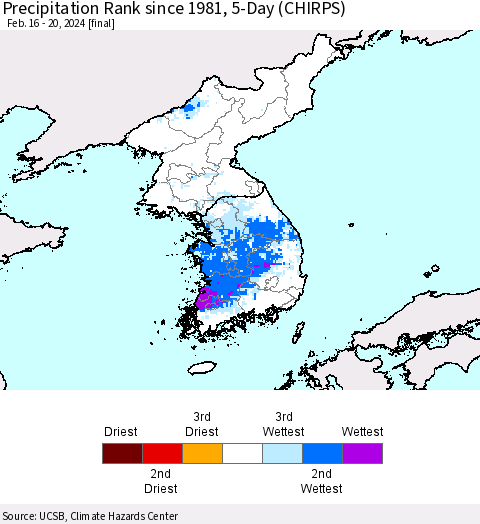 Korea Precipitation Rank since 1981, 5-Day (CHIRPS) Thematic Map For 2/16/2024 - 2/20/2024