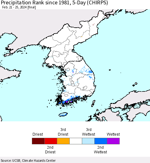 Korea Precipitation Rank since 1981, 5-Day (CHIRPS) Thematic Map For 2/21/2024 - 2/25/2024