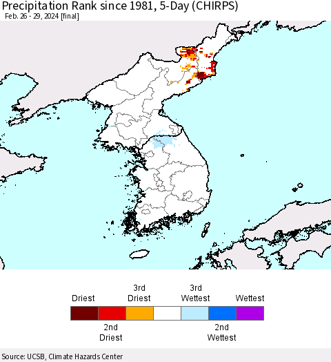 Korea Precipitation Rank since 1981, 5-Day (CHIRPS) Thematic Map For 2/26/2024 - 2/29/2024