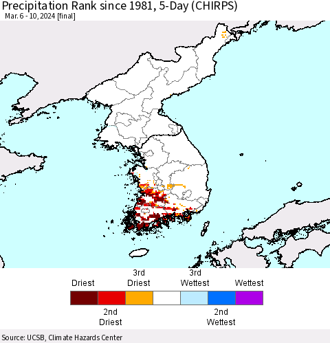 Korea Precipitation Rank since 1981, 5-Day (CHIRPS) Thematic Map For 3/6/2024 - 3/10/2024