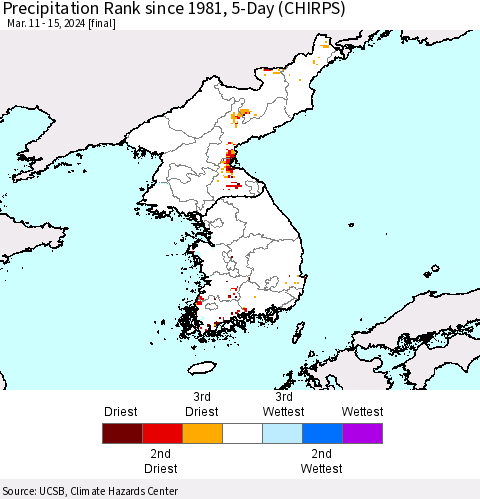 Korea Precipitation Rank since 1981, 5-Day (CHIRPS) Thematic Map For 3/11/2024 - 3/15/2024
