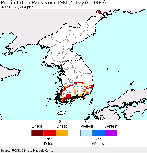 Korea Precipitation Rank since 1981, 5-Day (CHIRPS) Thematic Map For 3/16/2024 - 3/20/2024