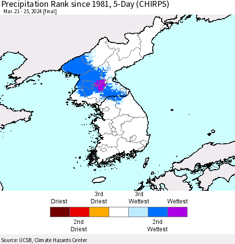 Korea Precipitation Rank since 1981, 5-Day (CHIRPS) Thematic Map For 3/21/2024 - 3/25/2024