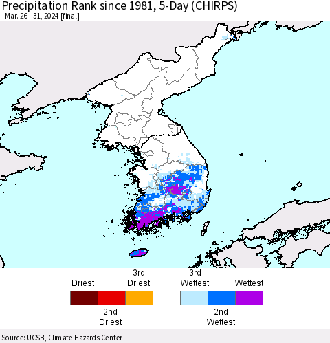 Korea Precipitation Rank since 1981, 5-Day (CHIRPS) Thematic Map For 3/26/2024 - 3/31/2024