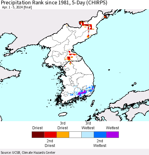 Korea Precipitation Rank since 1981, 5-Day (CHIRPS) Thematic Map For 4/1/2024 - 4/5/2024