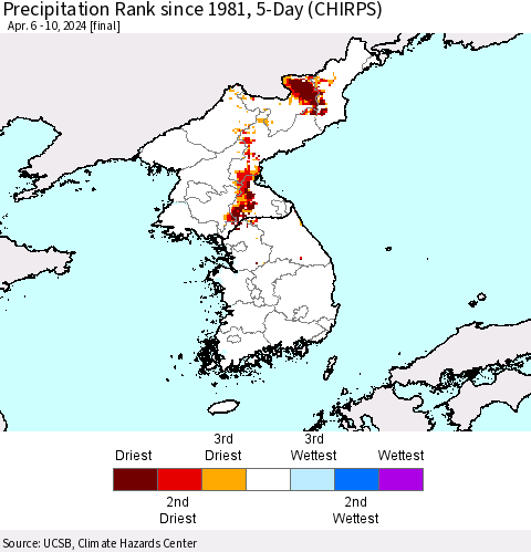 Korea Precipitation Rank since 1981, 5-Day (CHIRPS) Thematic Map For 4/6/2024 - 4/10/2024
