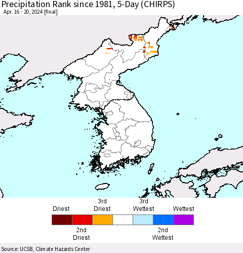 Korea Precipitation Rank since 1981, 5-Day (CHIRPS) Thematic Map For 4/16/2024 - 4/20/2024