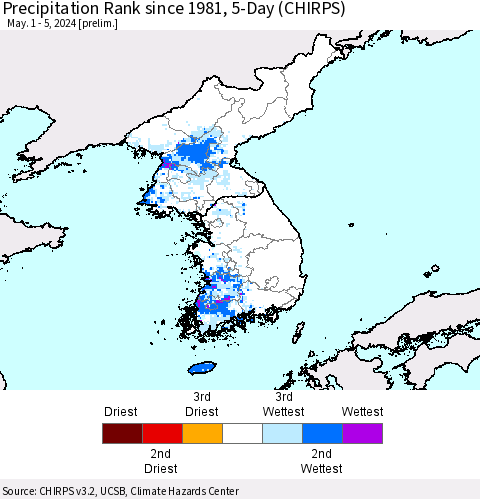 Korea Precipitation Rank since 1981, 5-Day (CHIRPS) Thematic Map For 5/1/2024 - 5/5/2024