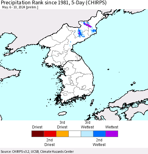 Korea Precipitation Rank since 1981, 5-Day (CHIRPS) Thematic Map For 5/6/2024 - 5/10/2024