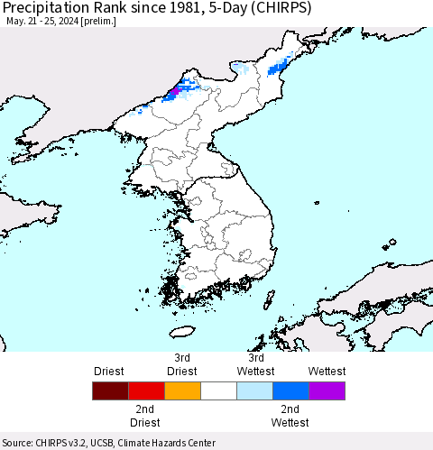 Korea Precipitation Rank since 1981, 5-Day (CHIRPS) Thematic Map For 5/21/2024 - 5/25/2024