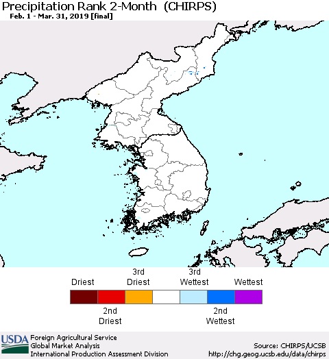 Korea Precipitation Rank since 1981, 2-Month (CHIRPS) Thematic Map For 2/1/2019 - 3/31/2019