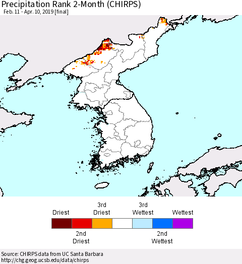 Korea Precipitation Rank since 1981, 2-Month (CHIRPS) Thematic Map For 2/11/2019 - 4/10/2019