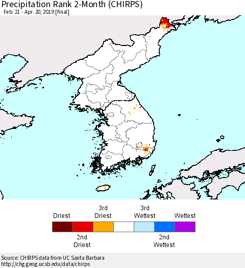 Korea Precipitation Rank since 1981, 2-Month (CHIRPS) Thematic Map For 2/21/2019 - 4/20/2019