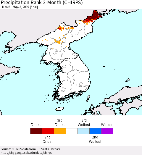 Korea Precipitation Rank since 1981, 2-Month (CHIRPS) Thematic Map For 3/6/2019 - 5/5/2019