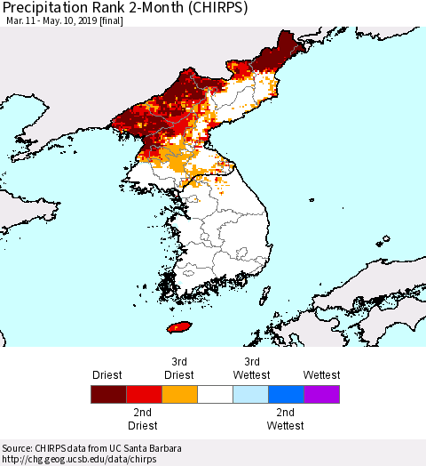 Korea Precipitation Rank since 1981, 2-Month (CHIRPS) Thematic Map For 3/11/2019 - 5/10/2019