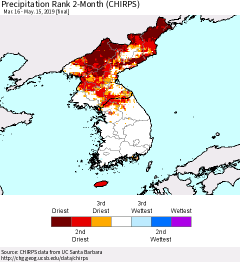 Korea Precipitation Rank since 1981, 2-Month (CHIRPS) Thematic Map For 3/16/2019 - 5/15/2019