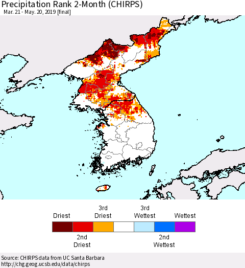 Korea Precipitation Rank since 1981, 2-Month (CHIRPS) Thematic Map For 3/21/2019 - 5/20/2019