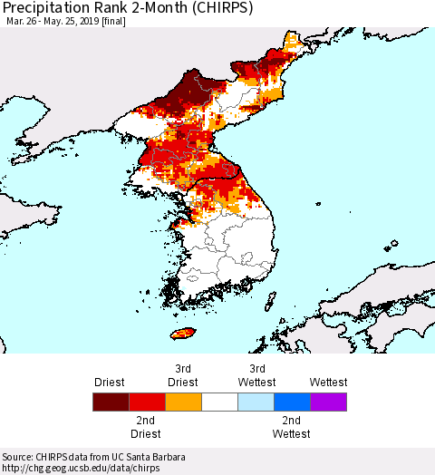 Korea Precipitation Rank since 1981, 2-Month (CHIRPS) Thematic Map For 3/26/2019 - 5/25/2019