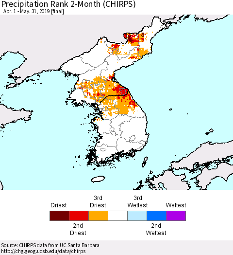 Korea Precipitation Rank since 1981, 2-Month (CHIRPS) Thematic Map For 4/1/2019 - 5/31/2019