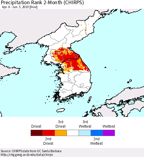 Korea Precipitation Rank since 1981, 2-Month (CHIRPS) Thematic Map For 4/6/2019 - 6/5/2019