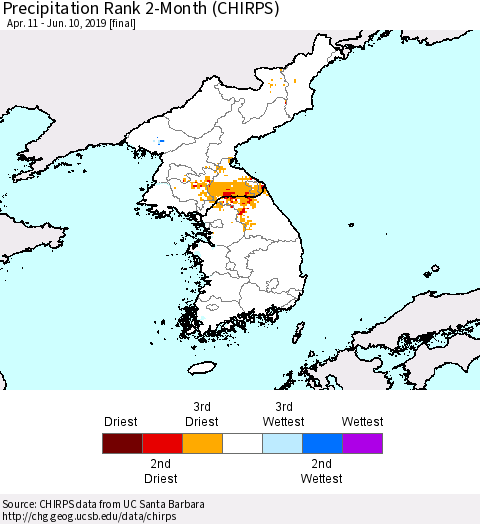Korea Precipitation Rank since 1981, 2-Month (CHIRPS) Thematic Map For 4/11/2019 - 6/10/2019
