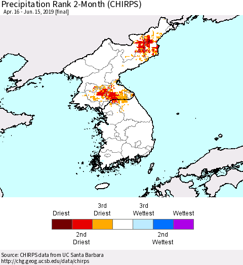 Korea Precipitation Rank since 1981, 2-Month (CHIRPS) Thematic Map For 4/16/2019 - 6/15/2019