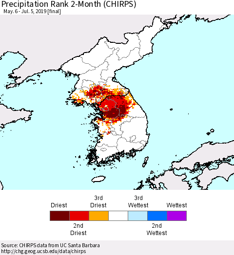 Korea Precipitation Rank since 1981, 2-Month (CHIRPS) Thematic Map For 5/6/2019 - 7/5/2019