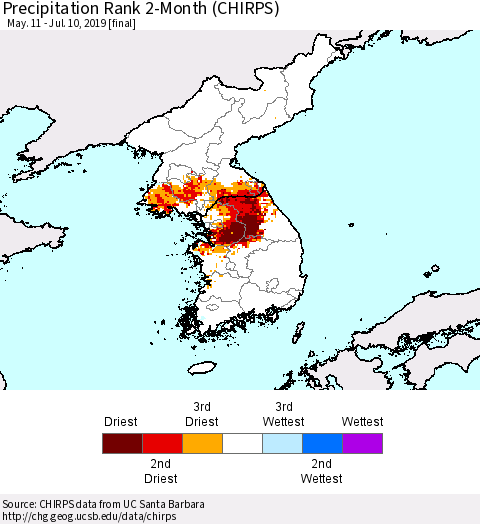 Korea Precipitation Rank since 1981, 2-Month (CHIRPS) Thematic Map For 5/11/2019 - 7/10/2019